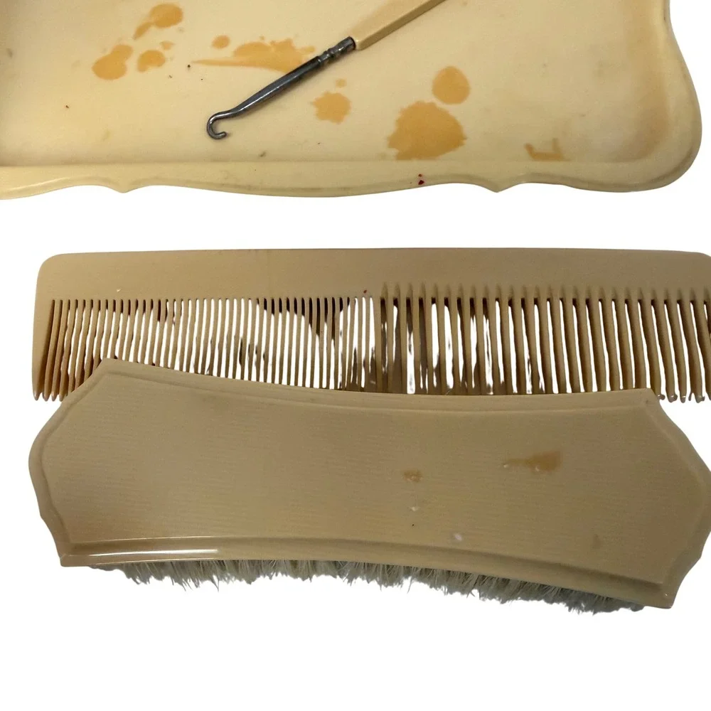 Antique Bakelite Comb Brush Button Hook Vanity Set Tray Celluloid